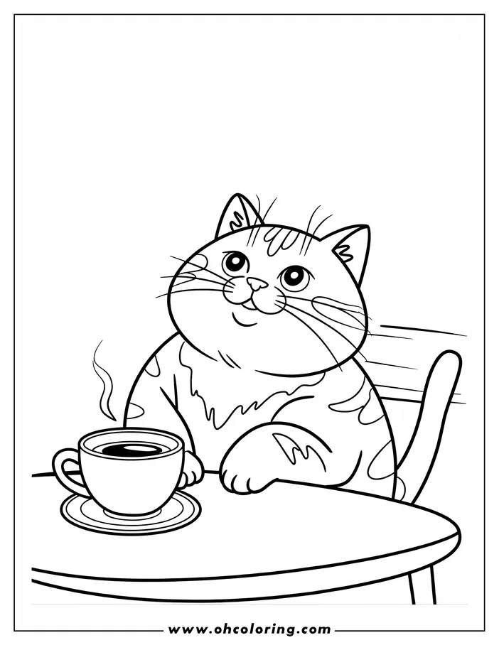 Outline drawing of a content cat sitting at a table with a steaming cup of coffee.
