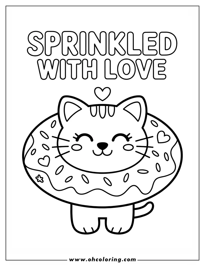 Outline drawing of a happy cat wearing a large donut decorated with hearts, frosting, and sprinkles.