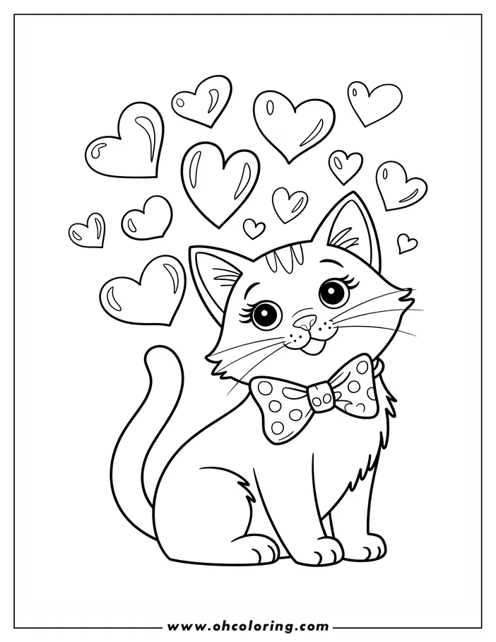 Cat wearing a bow tie with hearts floating above, in simple outline style for coloring.