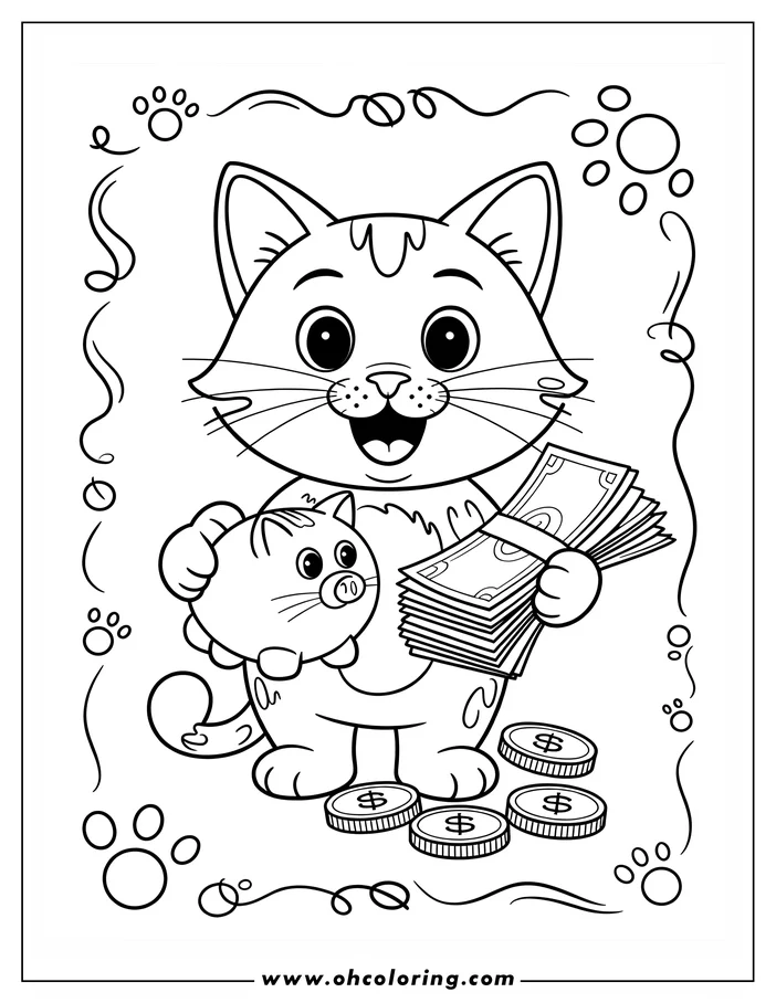A cheerful cat holding a piggy bank and a stack of dollar bills. Several coins lie near its feet.