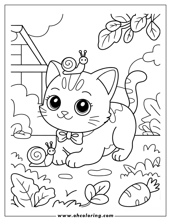 Cute kitten with a bow tie and two snails, one on its head and one on the ground, in a simple garden scene. Line art for coloring.