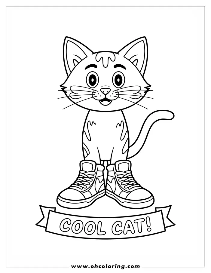 Line drawing of a cat wearing sneakers. A banner below the cat reads, Cool Cat.
