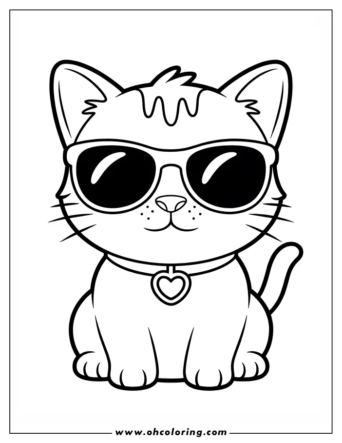 A cool cat wearing sunglasses and heart tag, in simple outline style, ready for coloring.