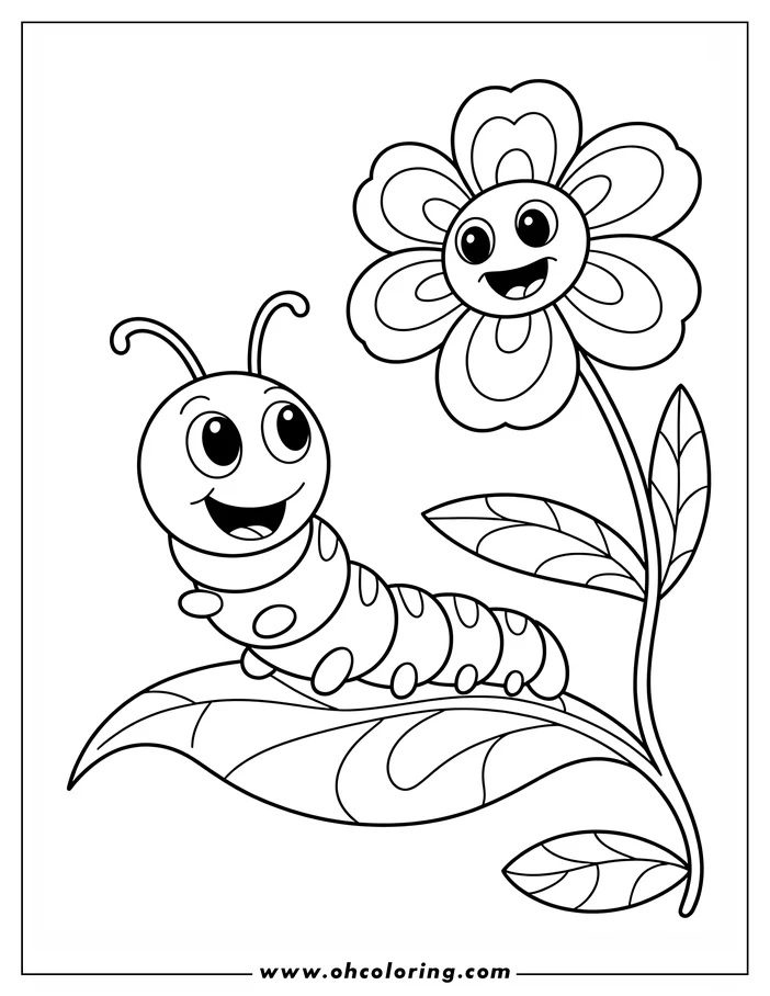 Outline of a smiling caterpillar resting on a leaf next to a happy flower.
