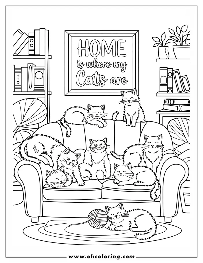 Seven cats relaxing and playing on a couch in a cozy living room