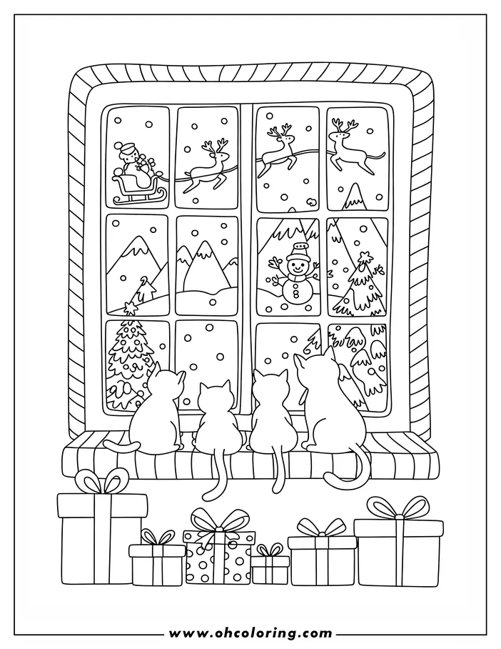 Four cats sit on a window seat watching Christmas scenes like Santa, reindeer, and a snowman through the window panes. Presents are piled beneath the window.