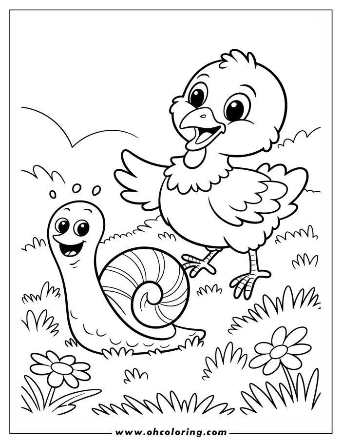 Outline of a chick and a snail in a grassy field with flowers
