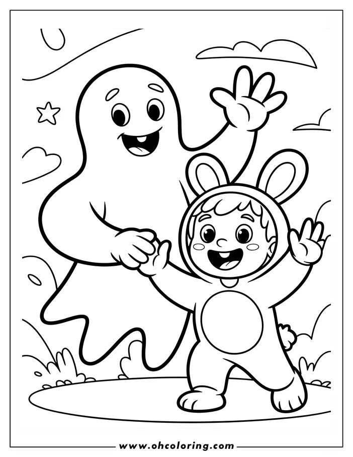 Line art of a child in a bunny costume holding hands with a friendly ghost for Halloween. They're both waving, with stars and clouds in the background.