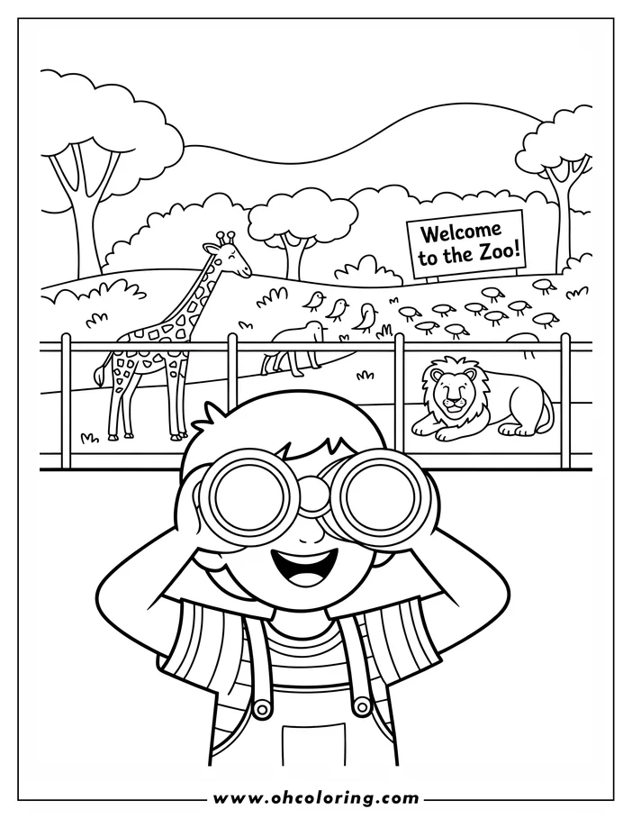 Line art of a child using binoculars to view animals at the zoo, including a giraffe, lion, and birds. A sign reads "Welcome to the Zoo!".
