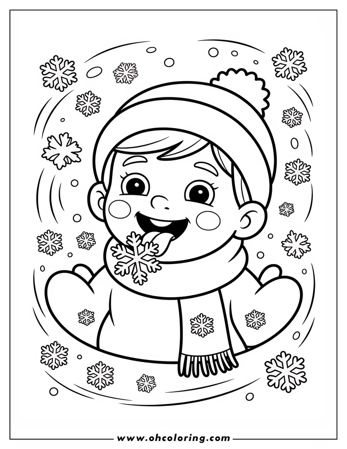 Line art of a child catching snowflakes on their tongue. The child is wearing a winter hat, scarf, and mittens. Snowflakes swirl around them. This is a coloring sheet design.