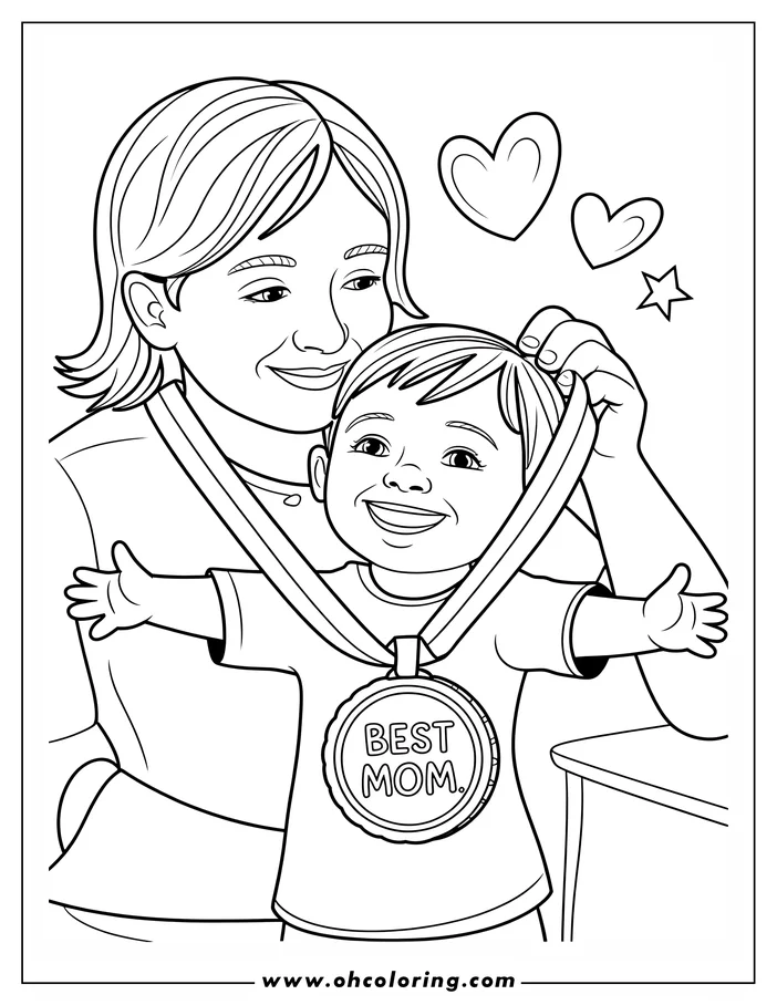 Line art of a child giving their mother a "Best Mom" medal. Hearts and a star float above their heads, perfect for a Mother's Day coloring sheet.