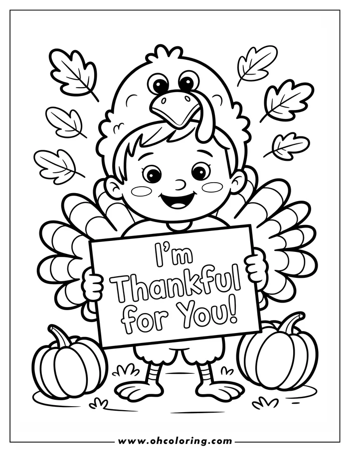 Line art of a child wearing a turkey costume and holding a sign that reads 'I'm Thankful for You!' surrounded by pumpkins and autumn leaves.