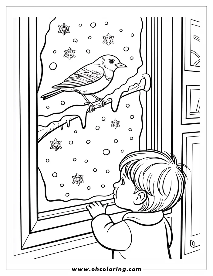 Line art of a child looking out a window at a bird perched on a snowy branch during winter. Snowflakes and circles, possibly snow or rain, fill the air outside. The child wears a jacket and has short hair. This is a printable coloring sheet design.