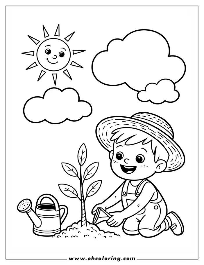 Line art of a child planting a small tree on a sunny day. The child, wearing overalls and a straw hat, kneels and uses a trowel to add soil around the tree's base. A watering can is placed nearby.  A smiling sun and fluffy clouds complete the scene. This coloring page is perfect for Earth Day activities.