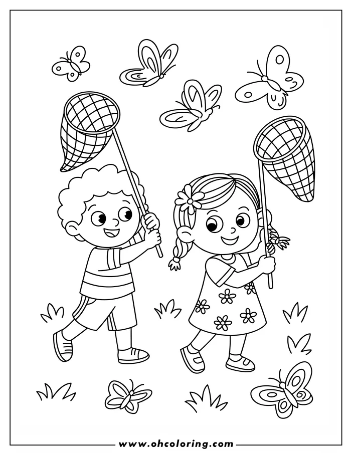 A boy and girl with butterfly nets attempt to catch butterflies in a field.