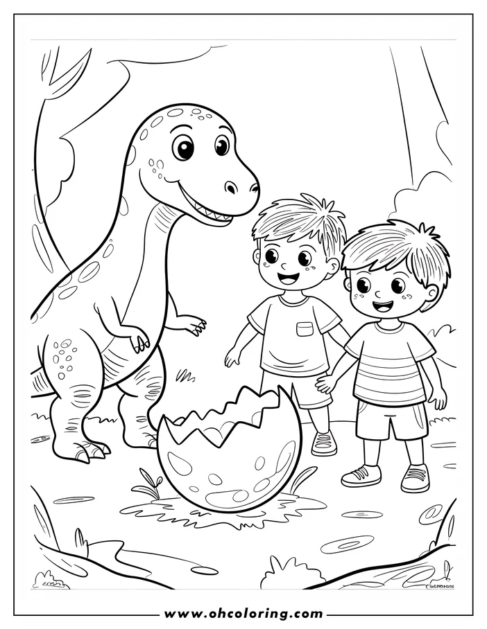 Two children looking at a baby dinosaur and cracked egg.