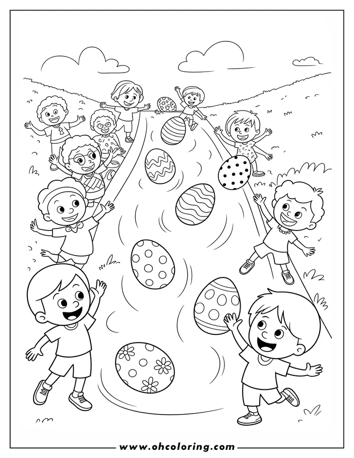 Line art of children playing with decorated Easter eggs. Some children roll the eggs down a grassy slope, while others chase them. The eggs have various patterns.  A group of children watches from the hilltop. This is a printable coloring page design.