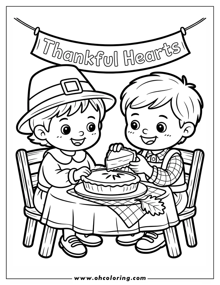 Two children sharing a slice of pie at a table decorated for Thanksgiving. An oak leaf and placemat rest on the table. One child wears a pilgrim's hat.