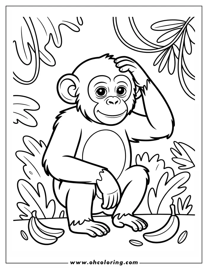 Line art of a chimpanzee sitting near bananas with leafy jungle foliage in the background.