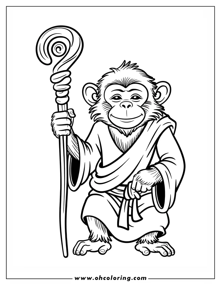 Outline of a chimpanzee in a robe holding a curled staff.