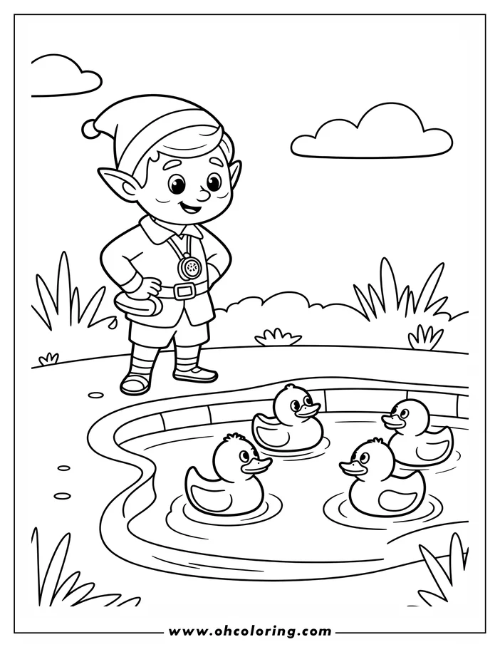 Christmas elf by the pond watching ducks