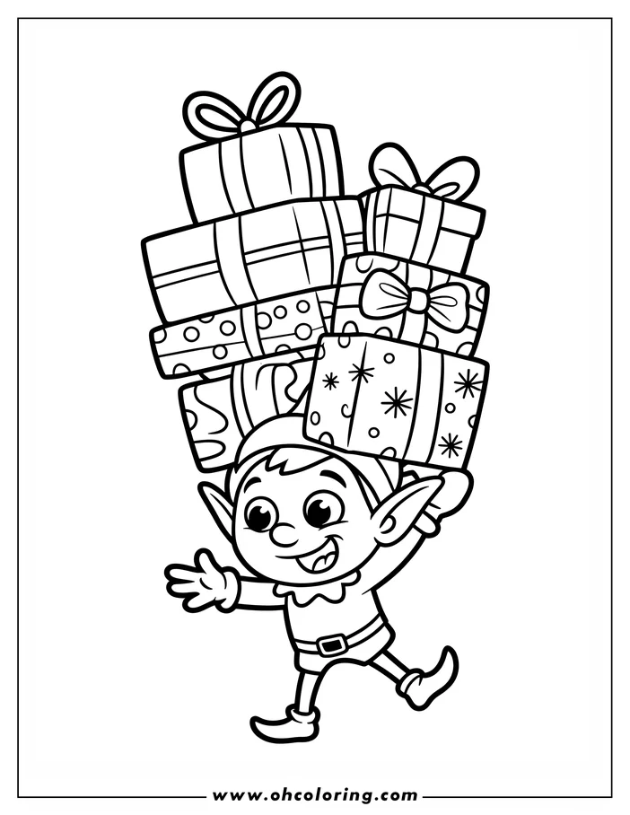 Line art of a Christmas elf carrying a stack of presents. The elf wears a tunic and pointed shoes, and the gifts are wrapped with bows, ribbons, and festive patterns.