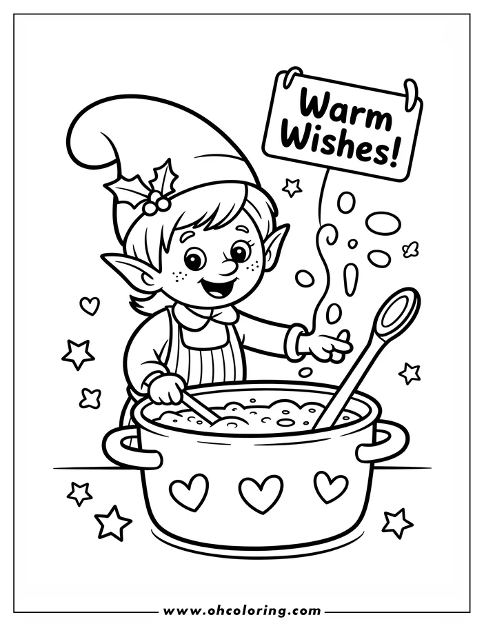 Line art of a Christmas elf stirring a pot with a wooden spoon. The elf wears a hat with holly berries and an apron, and the pot is decorated with hearts. A sign says 'Warm Wishes!'.