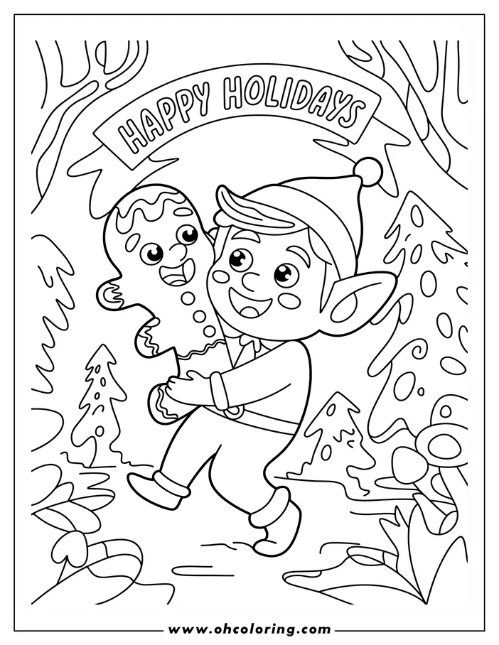 Line art of a Christmas elf holding a gingerbread man, surrounded by stylized Christmas trees.