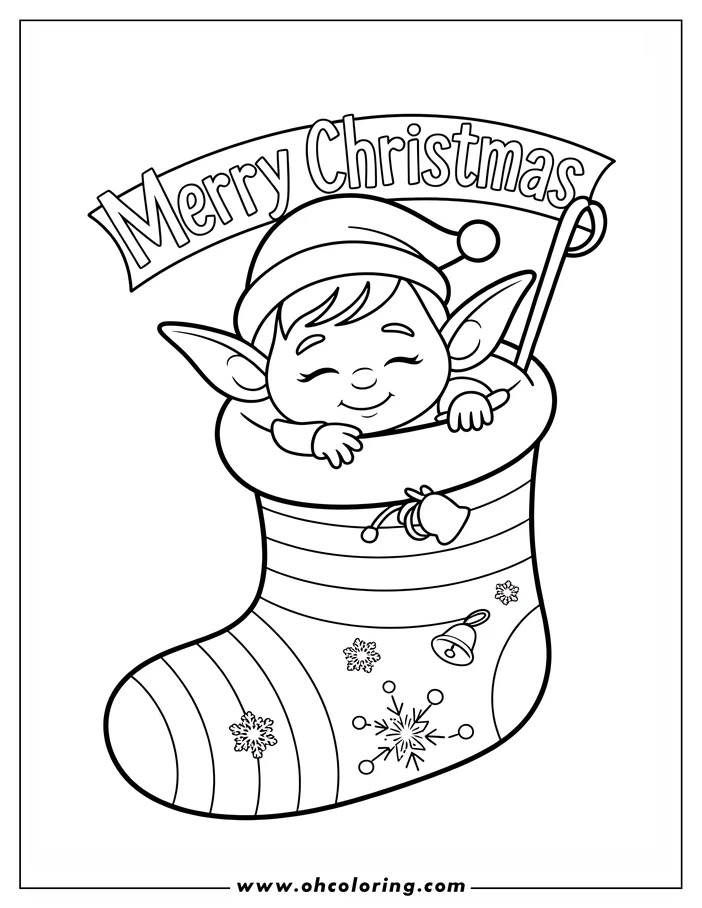 Outline of a Christmas elf nestled in a decorated stocking with a "Merry Christmas" banner overhead.