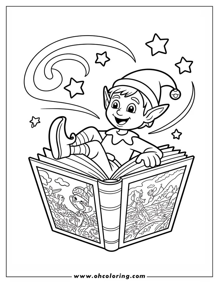 Line art of a Christmas elf sitting on an open book. The elf wears a pointed hat and striped clothes and has a happy expression. The book's pages show detailed illustrations.
