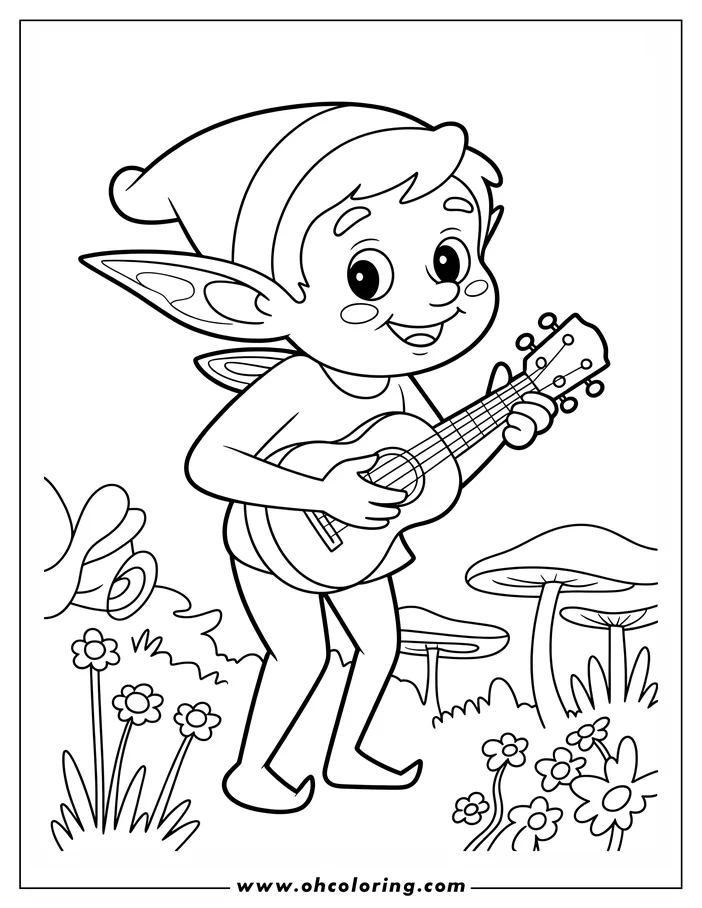Line art of a Christmas elf playing a ukulele in a field of flowers and mushrooms.