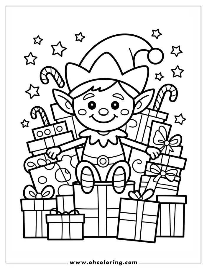 Line art of a Christmas elf sitting on a pile of presents with candy canes and stars around them.