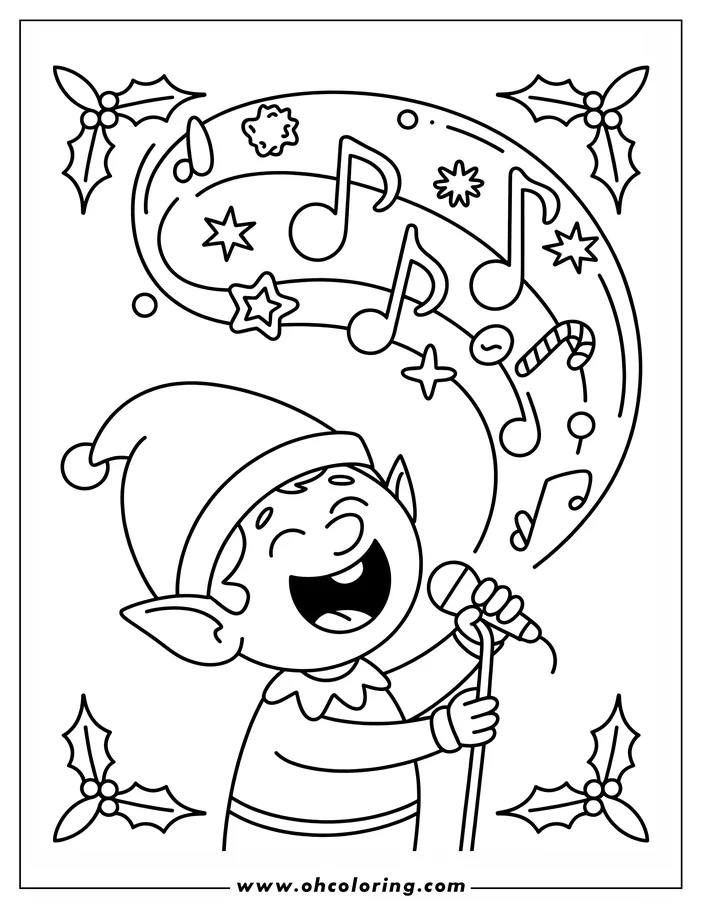 Line art of a Christmas elf joyfully singing into a microphone, surrounded by musical notes, stars, and candy canes, with holly sprigs in the corners.