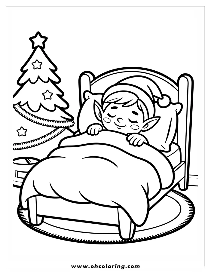 Line art of a Christmas elf sleeping in bed with a Christmas tree nearby.