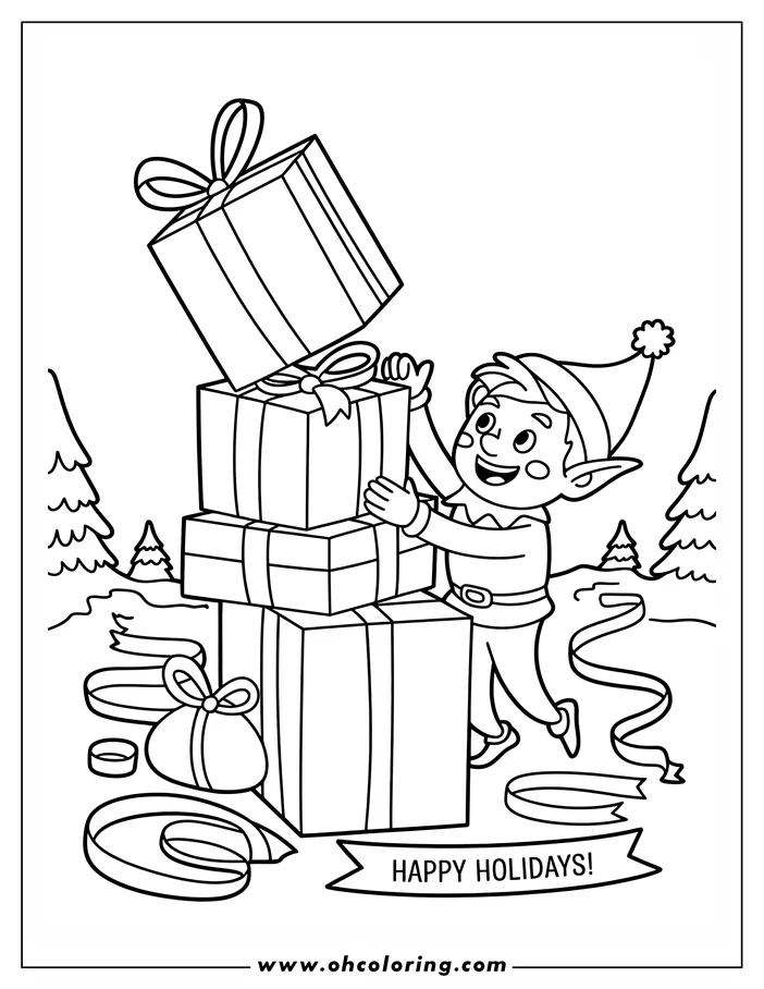 Line art of a Christmas elf stacking presents. They are shown mid-jump, adding a gift to the top of a tower of presents with ribbons and bows, near some stylized Christmas trees.
