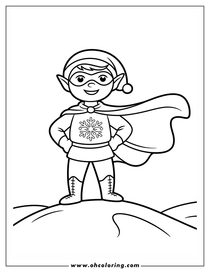 Line art of a Christmas elf dressed as a superhero, standing on a hilltop