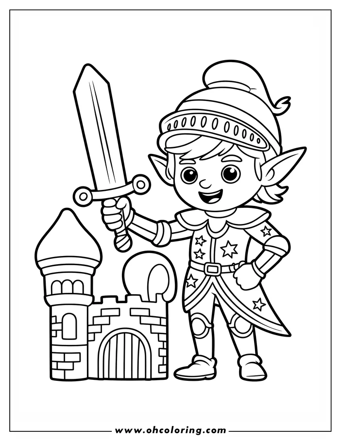 Line art of a Christmas elf holding a sword next to a castle.