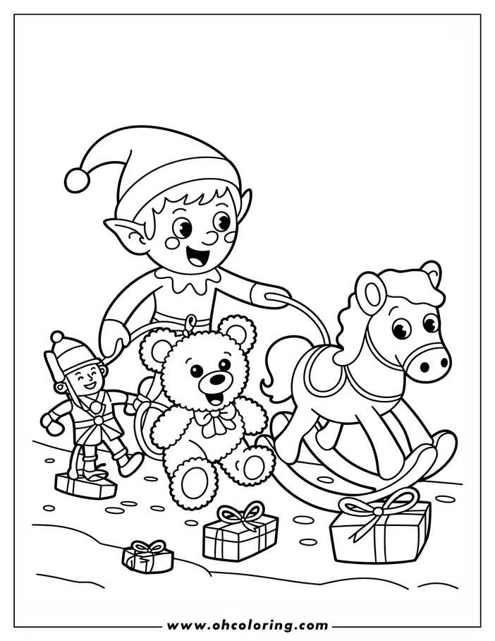 Line art of a Christmas elf pulling a rocking horse toy, with a teddy bear and a nutcracker nearby, surrounded by gifts.