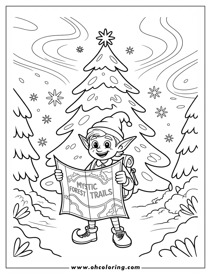 Line art of a Christmas elf wearing a pointed hat and backpack, holding a map of Mystic Forest Trails in a snowy forest with stylized evergreen trees.