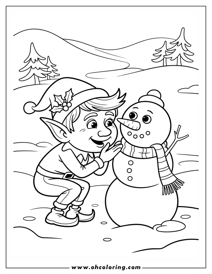 Christmas elf crouching beside a snowman in a snowy field with trees