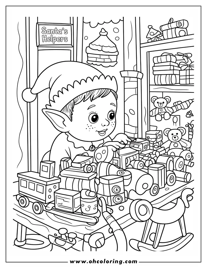 Line art of a Christmas elf playing with wooden toys on a workbench. Several toy trains, cars, and teddy bears are also visible.