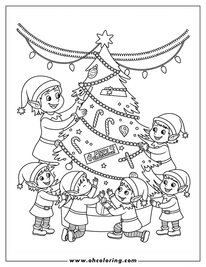 Line art of Christmas elves decorating a Christmas tree with ornaments and garlands