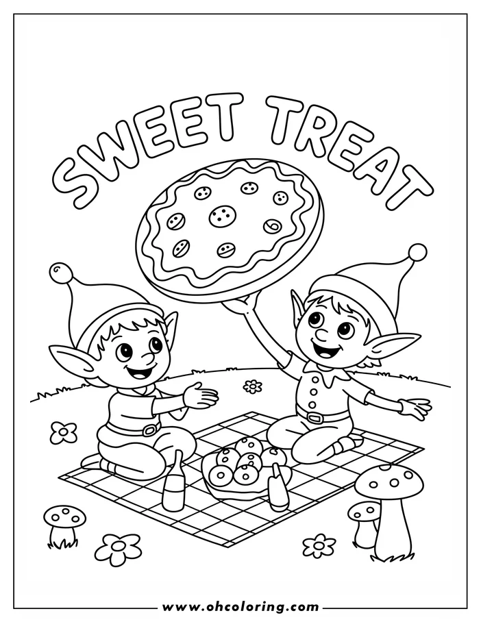 Two Christmas elves at a picnic, one holding a large decorated cookie, the other sitting on a blanket with treats and bottles. Small flowers and mushrooms surround them.