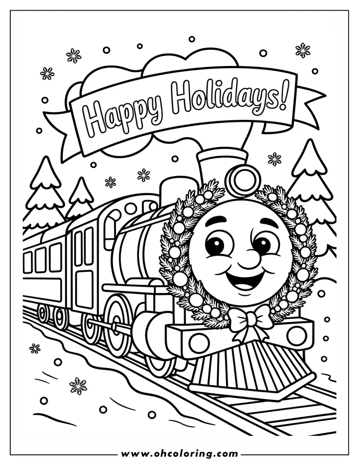 Outline of a cartoon Christmas train with a holiday wreath and passenger car, traveling through a snowy landscape with pine trees.