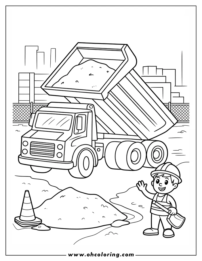 A construction worker waves beside a dump truck unloading sand or dirt at a construction site. A traffic cone is visible in the foreground.