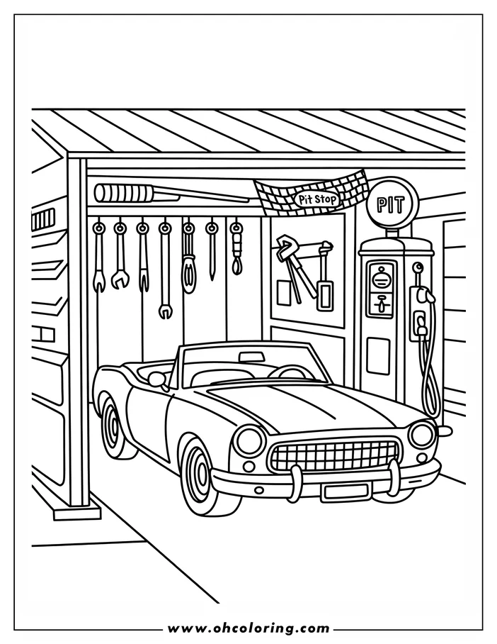 Outline of a vintage convertible car parked inside a garage, with tools hanging on the wall and a gas pump nearby.