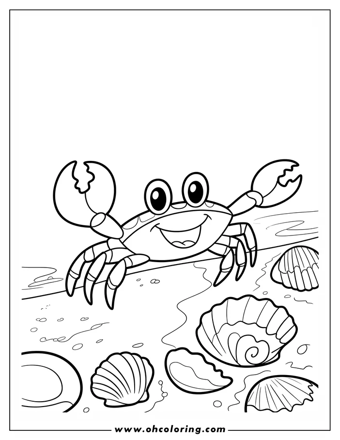 Cartoon crab on a beach with seashells. Perfect for a summer coloring activity.