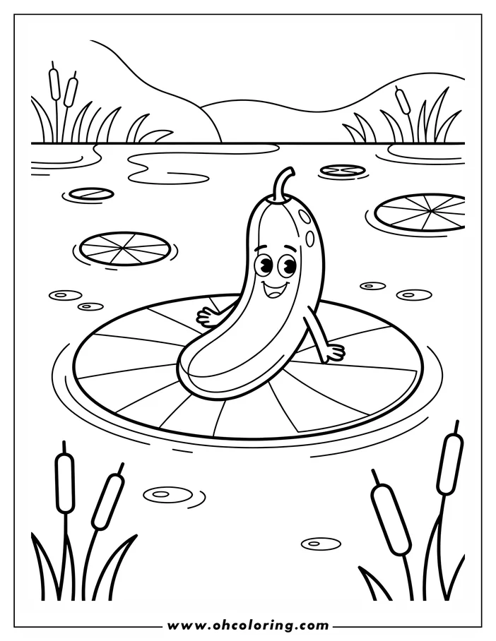 Simple, friendly cartoon line art of a cucumber sitting on a lily pad in a pond, surrounded by cattails and other lily pads.  A fun coloring sheet design for kids and adults who love nature and vegetables.