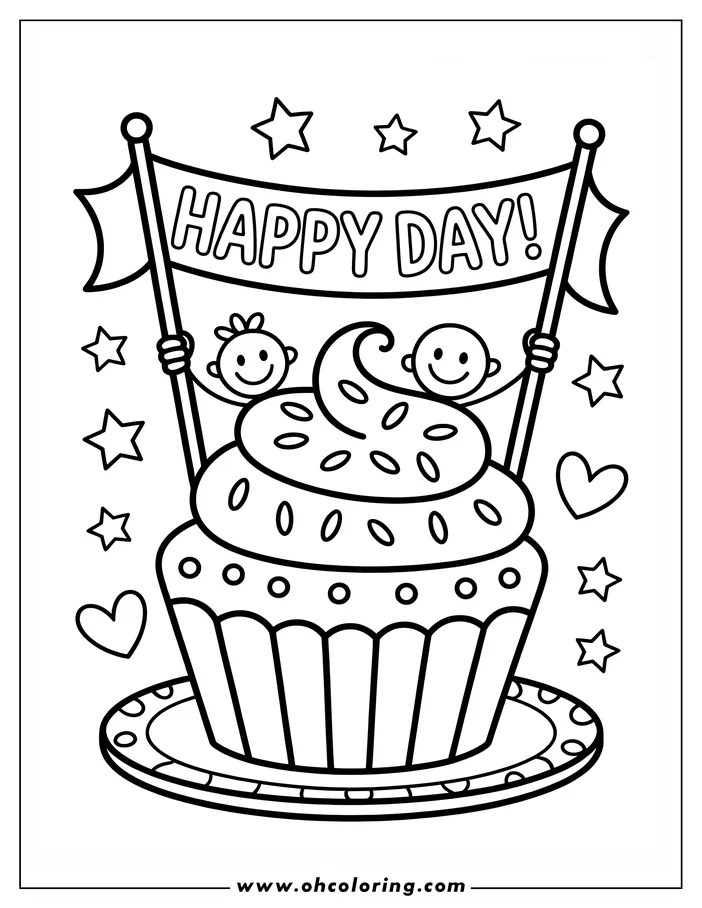 Line art of a cupcake with two figures holding a "Happy Day!" banner above it. The cupcake has frosting and sprinkles, sits on a plate, and is surrounded by hearts and stars.