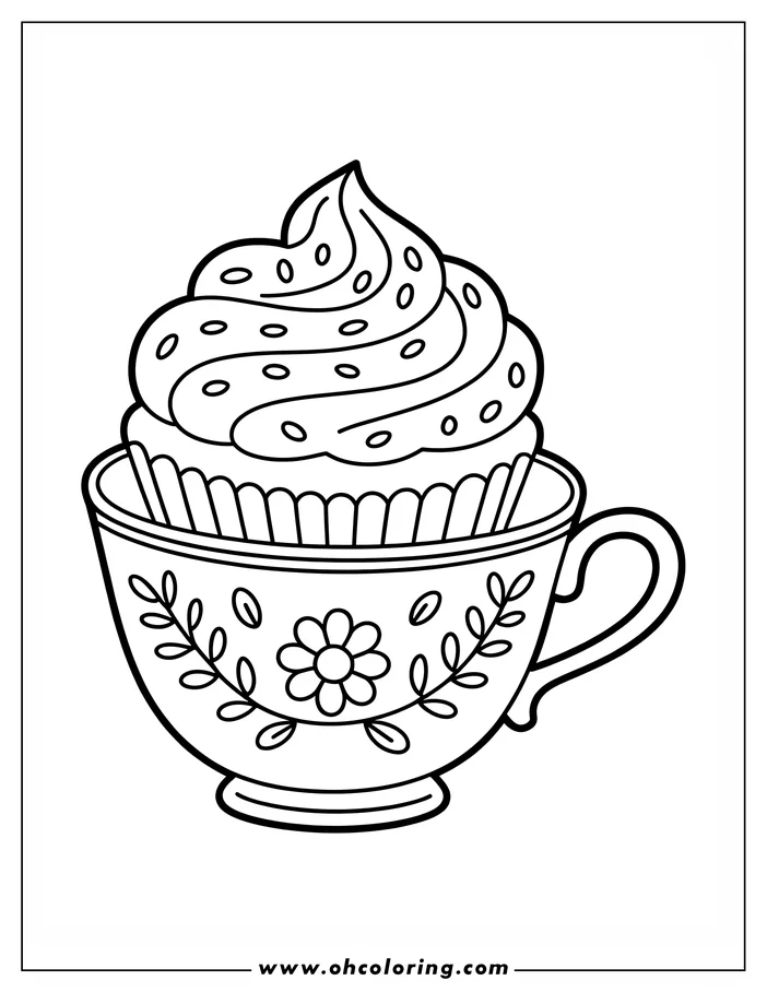 Line art of a cupcake inside a decorated teacup. The cupcake frosting has sprinkles and the teacup has floral designs.